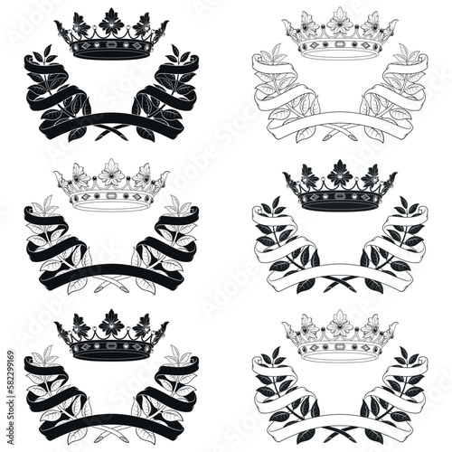 Vector design of royal crown with laurel wreath surrounded by ribbon, two olive branches adorned with ribbon with gold crown