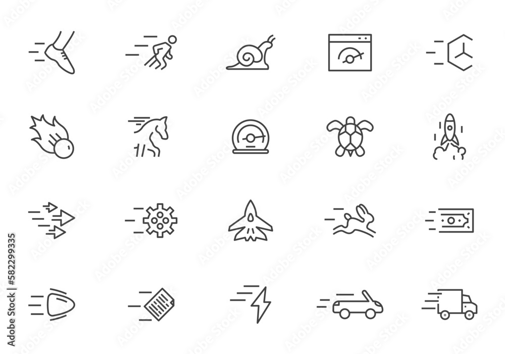 Speed power line icon set. Vector boost outline speed arrow fast horse sprint line icon concept speedometer.