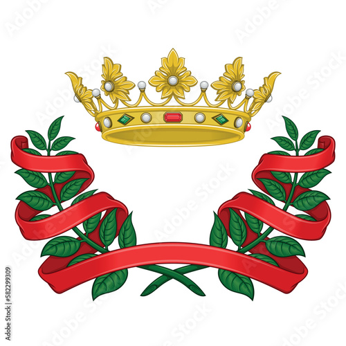 Vector design of royal crown with laurel wreath surrounded by ribbon, two olive branches adorned with ribbon with gold crown