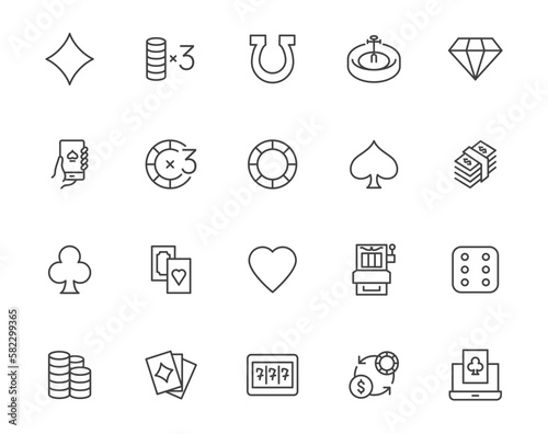 Casino gamble line icon set. Money dice casino outline poker slot vector set thin jackpot machine illustration.
