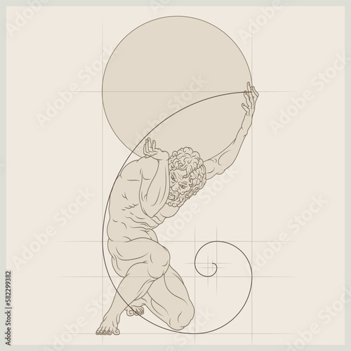 Vector design of titan Atlas holding a sphere, sketch drawing of atlas with gold spiral