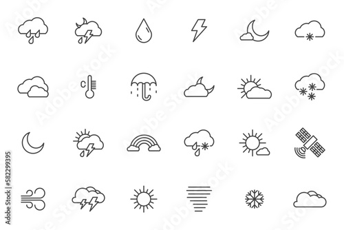 Weather sun line icon. Thermometer cloud moon and snow vector icon set. Temperature wind or rain climate symbol.