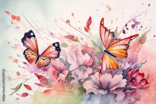 The graceful butterflies in the watercolor painting flies towards a flower. Generative AI © Kanisorn
