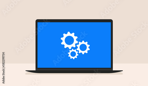 Computer and laptop repair  software development  blue laptop screen  gears  flat vector concept illustration on a beautiful background