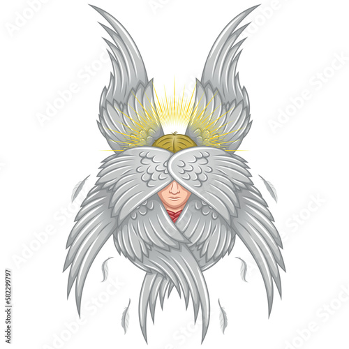 Vector design of seraph with six wings, angelic face of catholic religion, archangel with halo and feathers