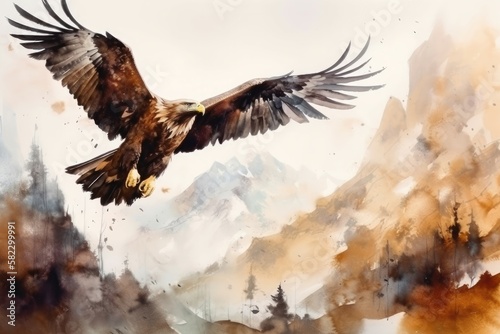 The majestic eagles in the watercolor painting soared high above the mountains free and untethered. Generative AI