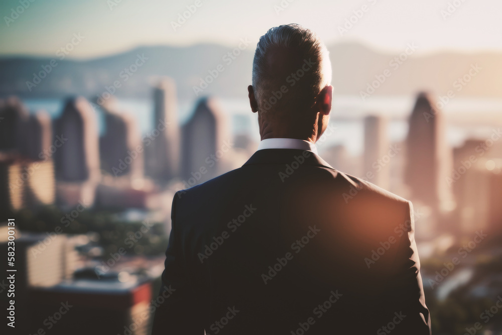 Successful Business Man Overlooking The City from his Office in a Skyscraper - Investment - Generative AI

