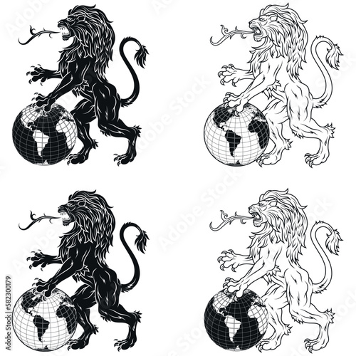 Vector design of rampant lion with the planet between its paws, heraldic lion with earth sphere, heraldic symbol of the European Middle Ages