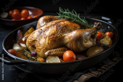 Roasted chicken with vegetables on pan created with AI	
