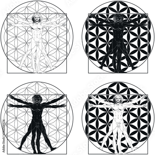Vector design of Vitruvian Man by Leonardo da Vinci with flower of life background
