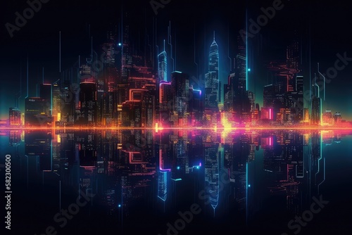 The neon lights of the city at night. neon lights reflected on the water. a contemporary metropolis with tall structures. Illustration of a city on the ocean's nighttime streets. Generative AI