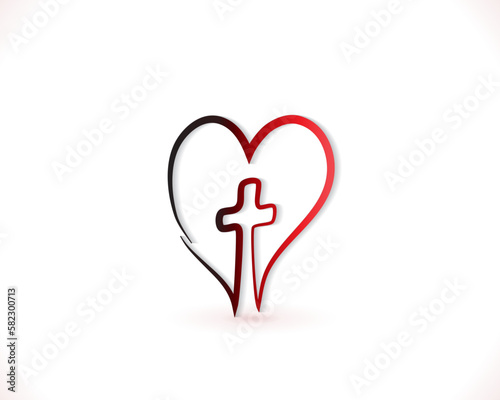 Cross inside love heart line art faith religion concept minimal logo vector image design