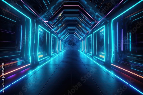 neon lights on a background that is abstract. Neon tunnel building in space illustration. Generative AI