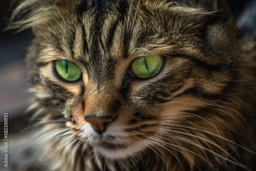 large green eyes on a domestic cat close up. Generative AI