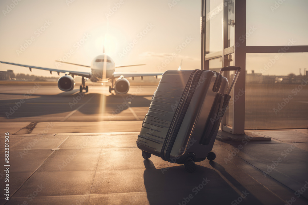 Naklejka premium Suitcases in airport with airplane in background created with AI