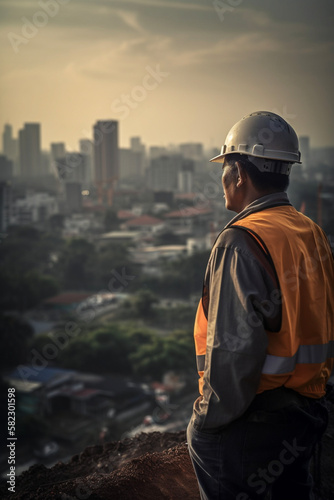 Engenheiro de costas olhando para o canteiro de obras arquiteto operário construção prédio IA Generativa