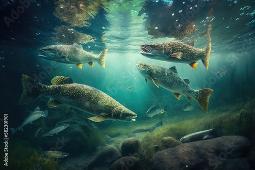 Lake Trout Fish Underwater Lush Nature by Generative AI photo