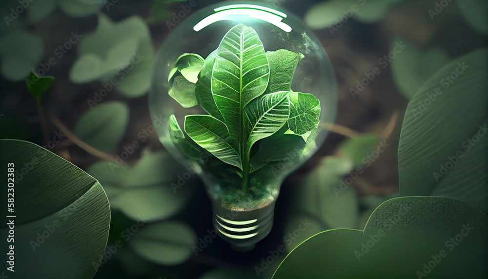 Green eco friendly light bulb from fresh leaves top view, concept of ...