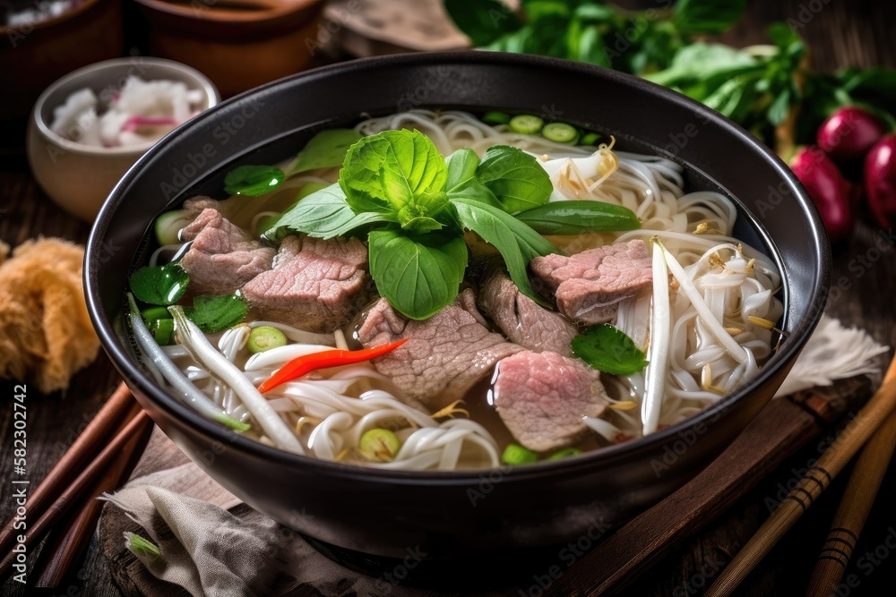 vietnamese beef pho bo soup in bowl on table top with spring rolls and appetizers. Generative AI vietnamese beef pho bo soup in bowl on table top with spring rolls and appetizers. Generative AI