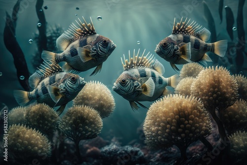 Pinecone Fish Underwater Lush Nature by Generative AI photo