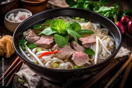 vietnamese beef pho bo soup in bowl on table top with spring rolls and appetizers. Generative AI photo