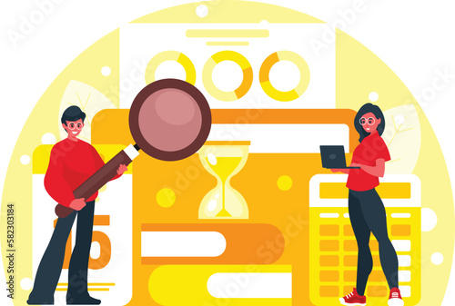 Document search concept. Financial statements. Programmer holds a magnifying glass. Woman standing with laptop. Vector graphics