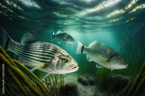 Striped Bass Fish Underwater Lush Nature by Generative AI photo