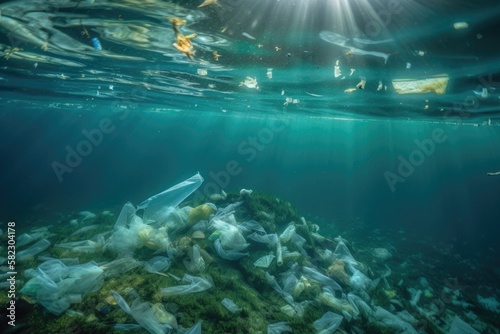 Underwater plastic pollution is a problem. Generative AI © AkuAku