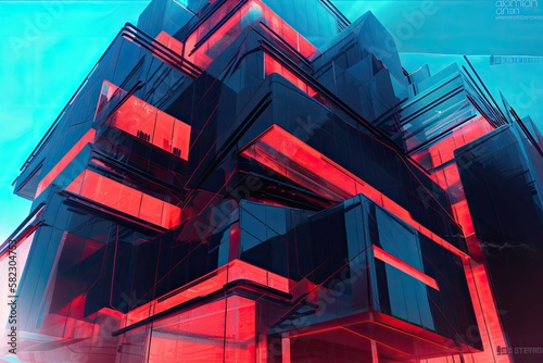 a highly contemporary, luxurious Black Cyan building with abstract designs on red and haze Futuristic, as an illustration. Generative AI
