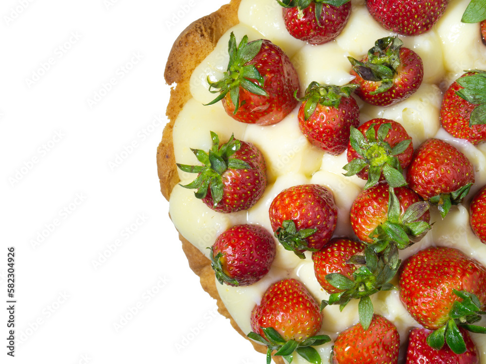 Cake topped with fresh strawberries. Creamy shortbread cake on a white background. Tasty food. Caloric nutrition. Handmade dessert isolate Cake topped with fresh strawberries. Creamy shortbread cake on a white background. Tasty food. Caloric nutrition. Handmade dessert isolate