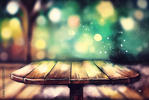 Watercolor Illustration of a Old Empty Wooden Table With Bokeh Background. Generative AI