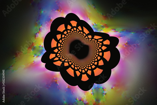 Orange multicolored floral curve pattern on a black background. Abstract fractal 3D rendering