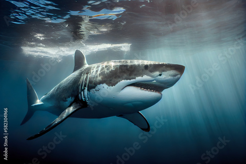 Majestic White Shark, Graceful Predator in Aquarium. Generative AI © Radomir Jovanovic