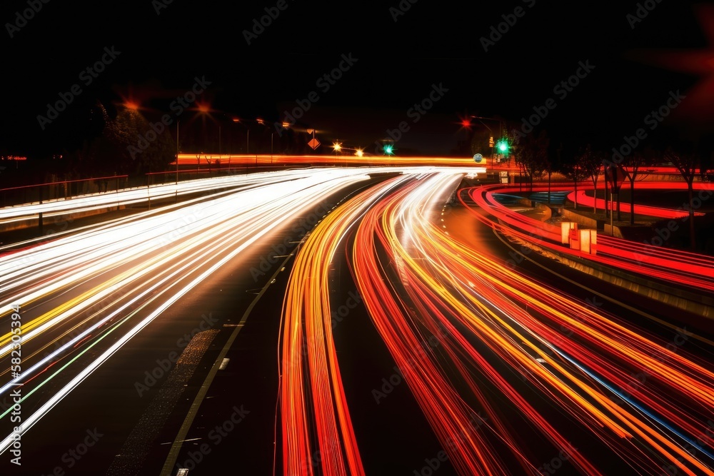 Speed Traffic Light Trails on a Nighttime Highway, Abstract Urban Background. Generative AI