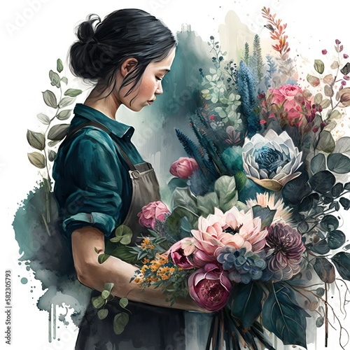 Creative Watercolor Illustration Florist Female Flowers