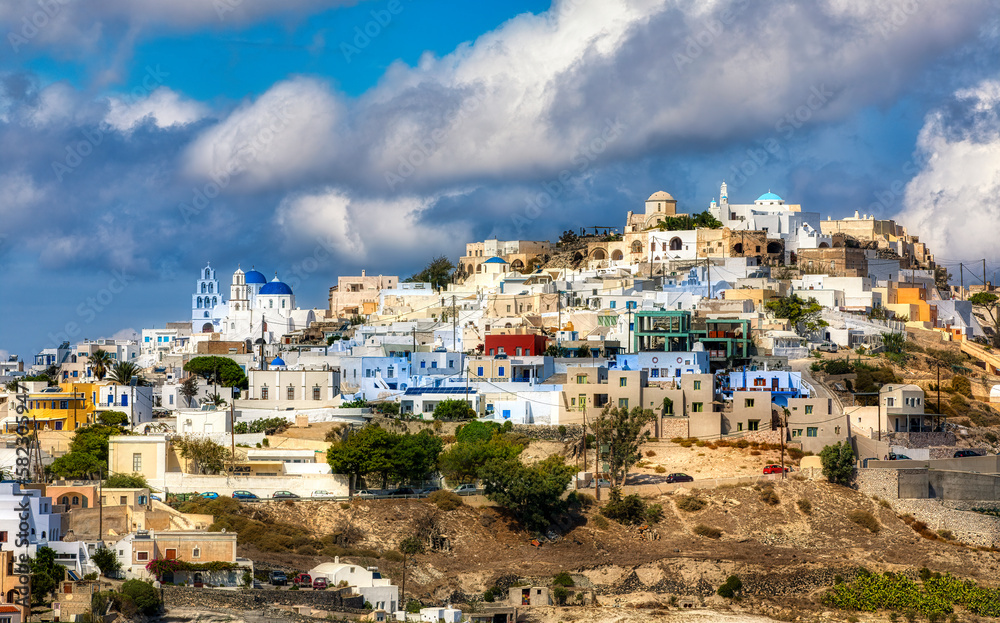 View of the Beautiful and Colorful Village of Pyrgos Kallistis on Santorini, Greece