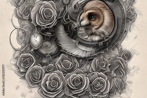 Mechanical Owl and Roses