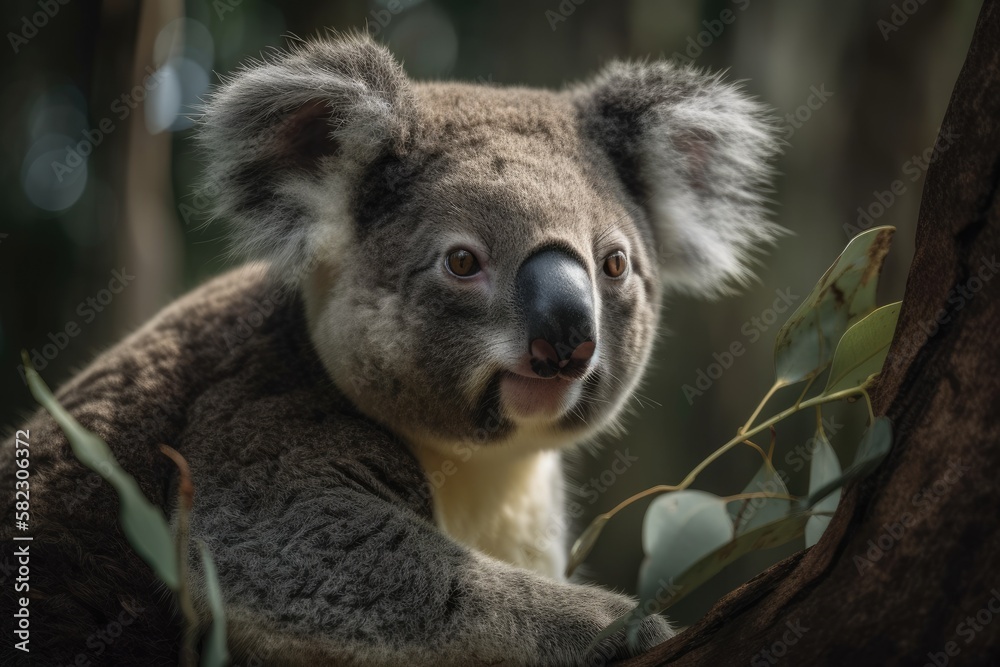 Fototapeta premium On a tree is a koala. in a forest in Australia. Generative AI