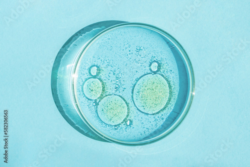 Petri dish. Petri's cup with liquid. Chemical elements, oil, cosmetics. Gel, water, molecules, viruses. Close-up. On a blue background.