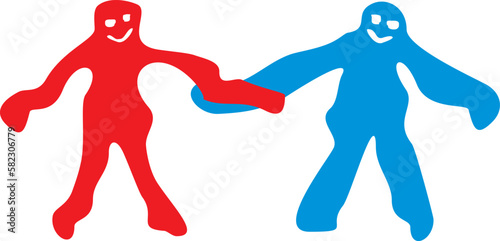 Two fantastic cartoon abstract people, male and female images, holding hands. Humor, Halloween. Vector graphics