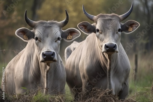 Two large grey cattle from Hungary. Generative AI © AkuAku