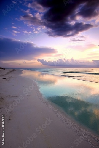  beautiful blue violet sunset with shiny clouds  ocean  white sand Generative AI