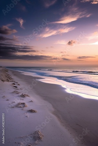  beautiful blue violet sunset with shiny clouds, ocean, white sand Generative AI © forenna