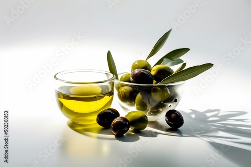 wide angle photography of olive oil on the white background, isolated, natural lighting, cinematic lighting, dramatic lighting Generative AI