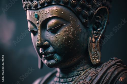 Generative AI. Meditating Buddha Statue on dark background. Soft focus. Close up. Copy space.