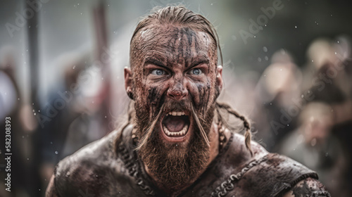 A fictional person,Unleashing the Primal Fury: A Formidable Viking Warrior in Battle, Generative AI