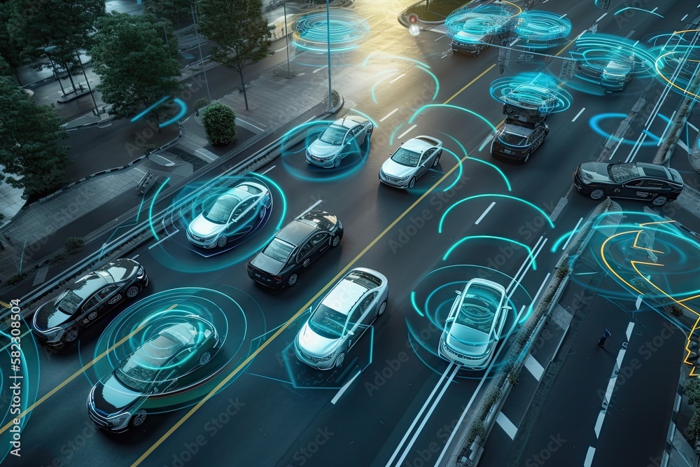 Aerial Top Down View Of Autonomous Self Driving Car Passing Other 