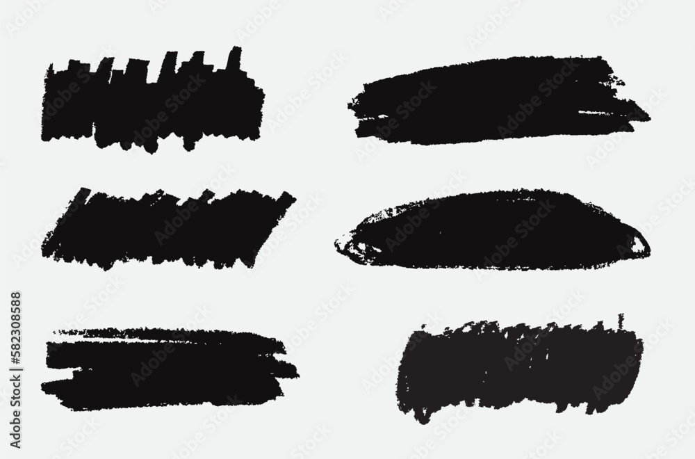 Brush thick line of stroke bundles. Vector brush set. Text box frames and grunge patches.Splatters design elements.