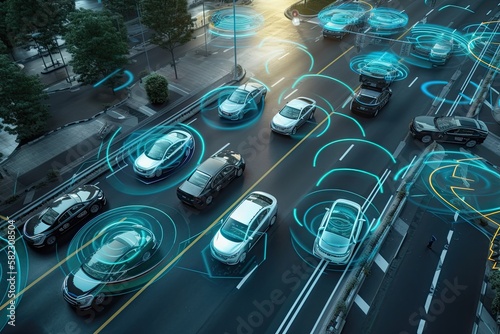 Aerial Top Down View of Autonomous Self Driving Car Passing Other Vehicles in City. Artificial intelligence digitalizes and analyzes the road ahead in this scanning visualization concept. Generative