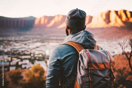 A hiker with a backpack treks through the wilderness, admiring the awe-inspiring mountain landscape as he embraces the adventure of the great outdoors. Generative AI